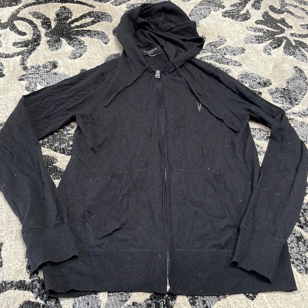 All saints black merino zip up hoodie size medium